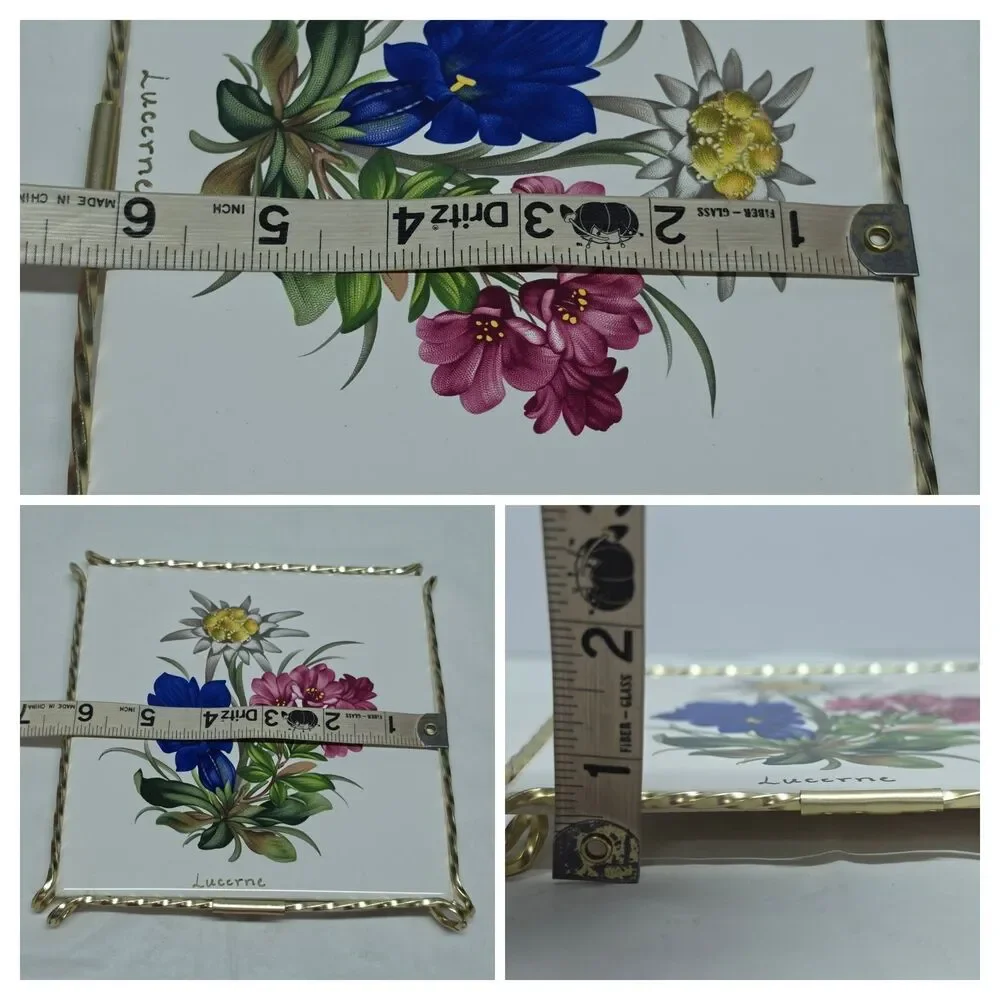 Vintage Floral Ceramic Tile Trivet Stand Coaster France Gold Toneetal Frame Boho